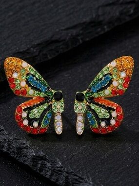 “Evelina Tealand” Rainbow Technicolor Gemstone Encrusted Monarch Butterfly Studs